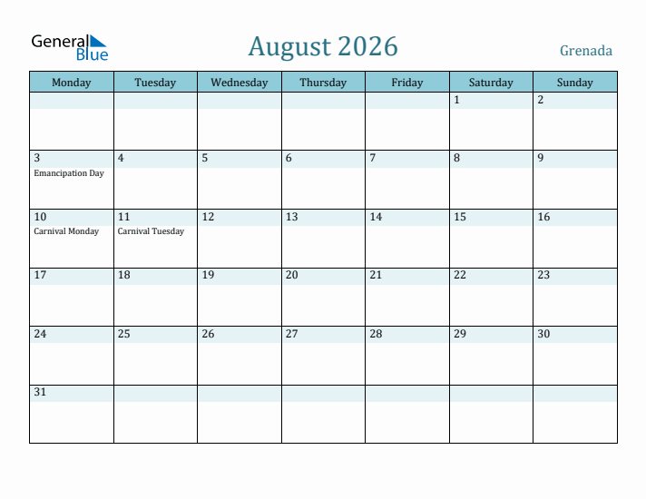 August 2026 Calendar with Holidays