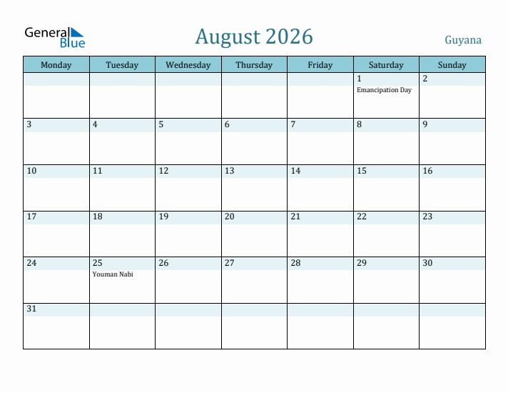 August 2026 Calendar with Holidays