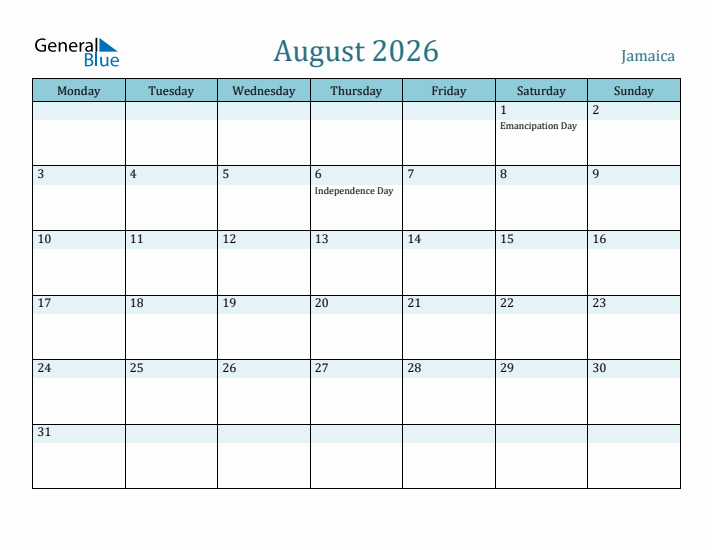 August 2026 Calendar with Holidays