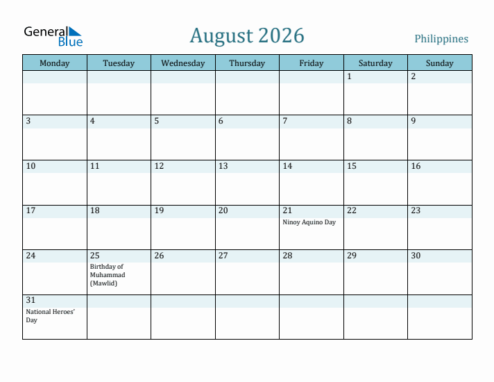 August 2026 Calendar with Holidays