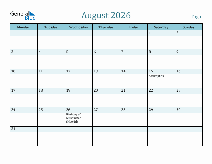 August 2026 Calendar with Holidays