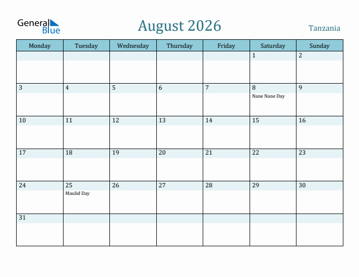 August 2026 Calendar with Holidays