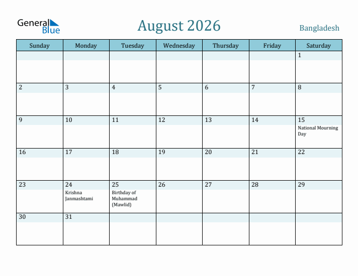 August 2026 Calendar with Holidays