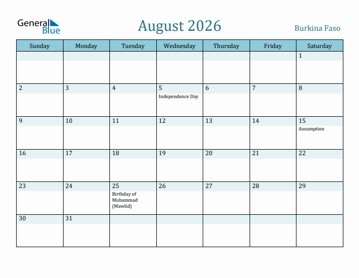 August 2026 Calendar with Holidays