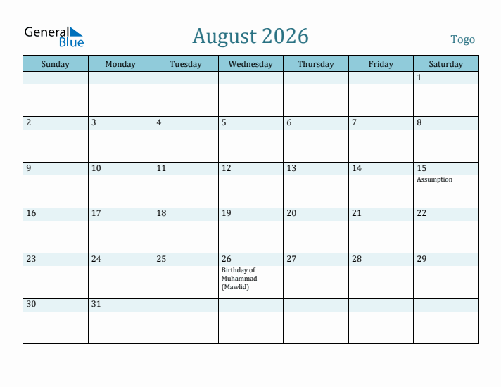 August 2026 Calendar with Holidays