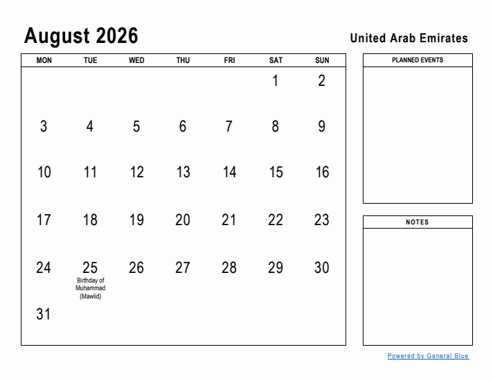 August 2026 Printable Monthly Calendar with United Arab Emirates Holidays