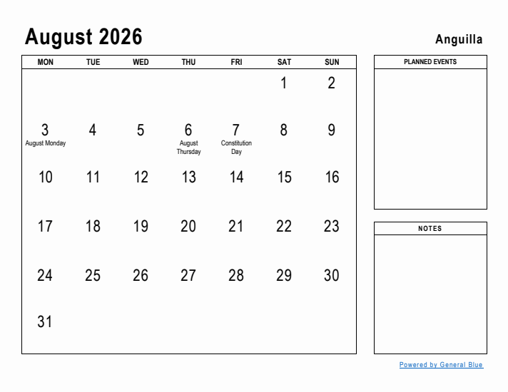 August 2026 Printable Monthly Calendar with Anguilla Holidays