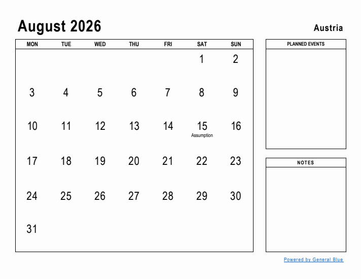 August 2026 Printable Monthly Calendar with Austria Holidays