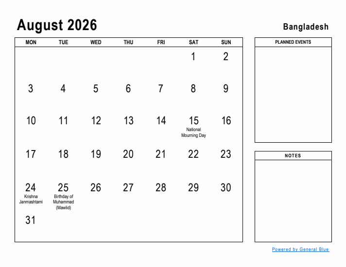 August 2026 Printable Monthly Calendar with Bangladesh Holidays