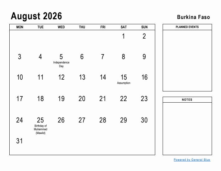 August 2026 Printable Monthly Calendar with Burkina Faso Holidays