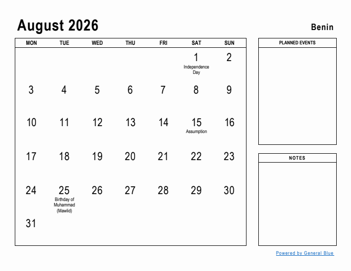 August 2026 Printable Monthly Calendar with Benin Holidays