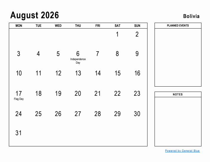 August 2026 Printable Monthly Calendar with Bolivia Holidays