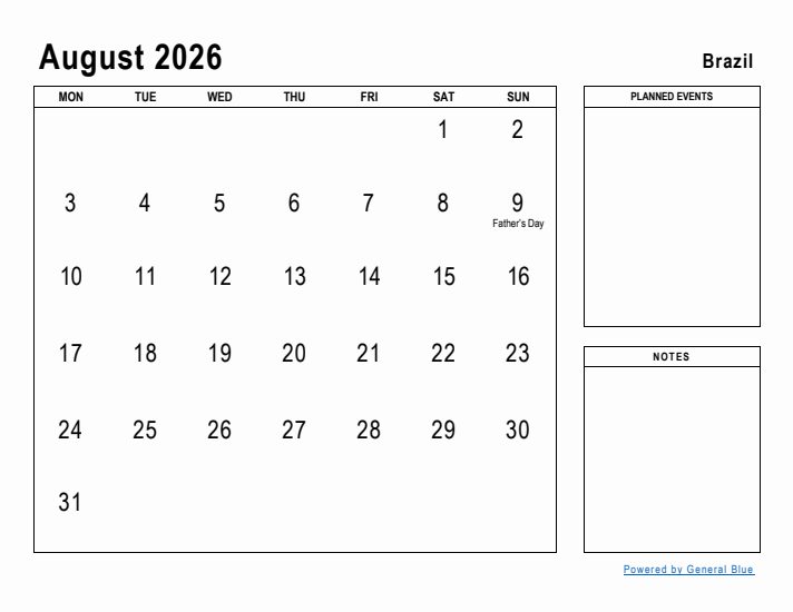 August 2026 Printable Monthly Calendar with Brazil Holidays