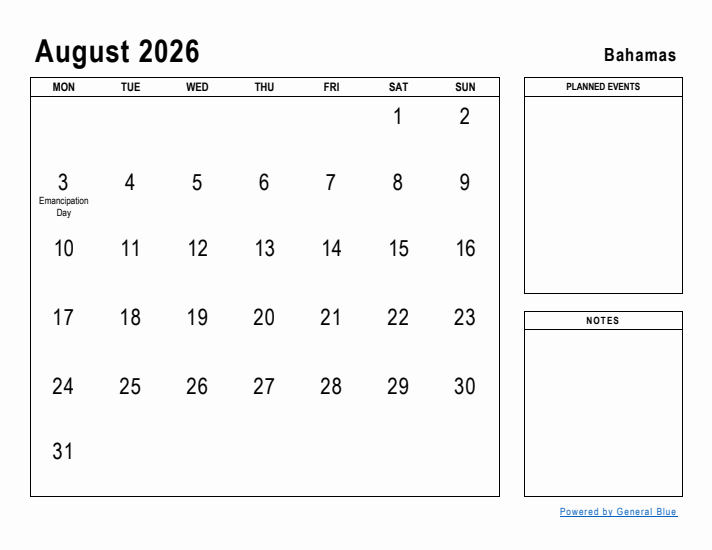 August 2026 Printable Monthly Calendar with Bahamas Holidays