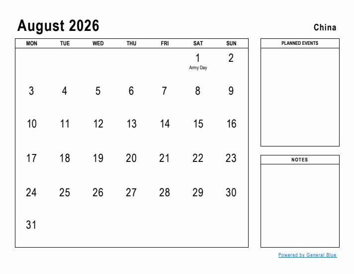 August 2026 Printable Monthly Calendar with China Holidays