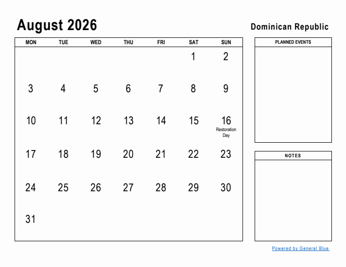 August 2026 Printable Monthly Calendar with Dominican Republic Holidays