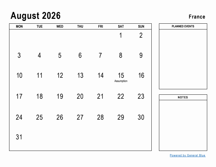 August 2026 Printable Monthly Calendar with France Holidays