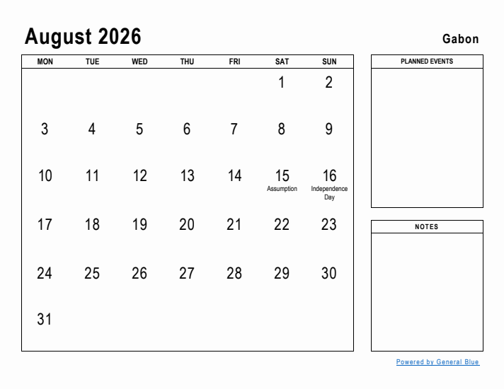 August 2026 Printable Monthly Calendar with Gabon Holidays