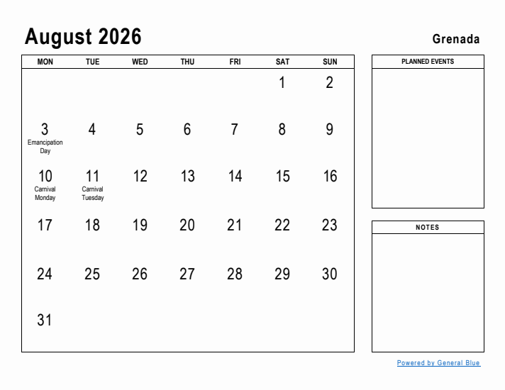 August 2026 Printable Monthly Calendar with Grenada Holidays