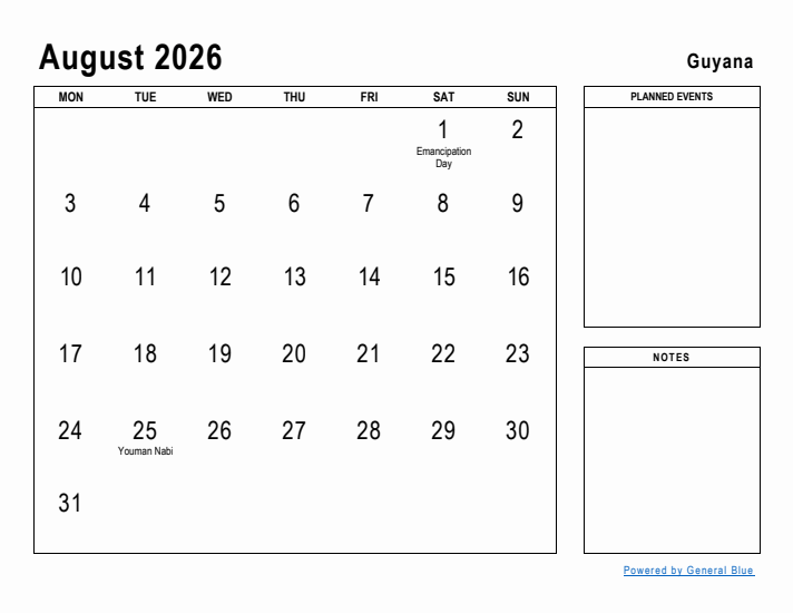 August 2026 Printable Monthly Calendar with Guyana Holidays