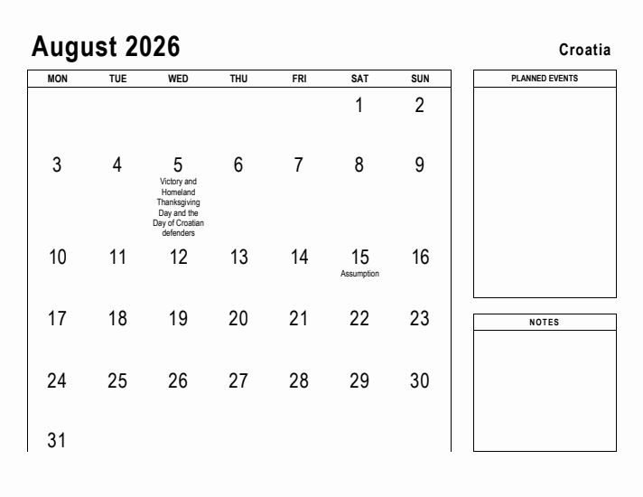 August 2026 Printable Monthly Calendar with Croatia Holidays