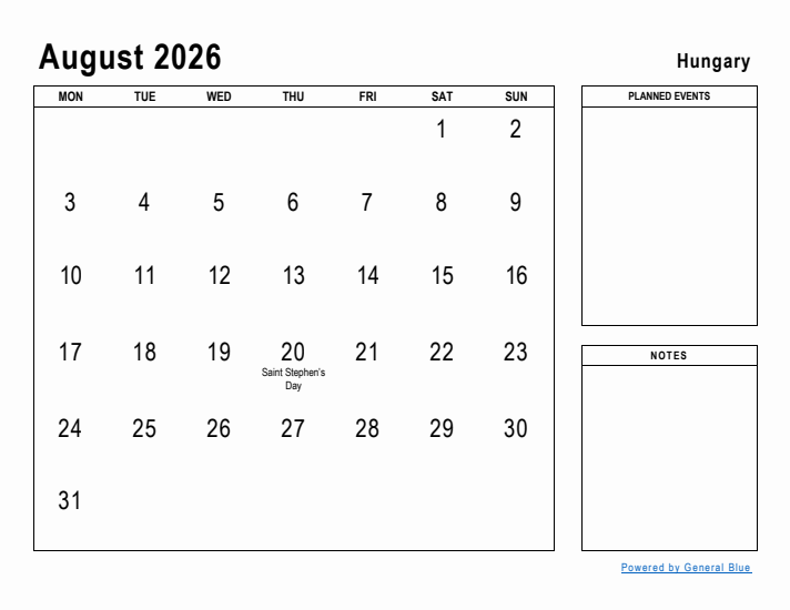 August 2026 Printable Monthly Calendar with Hungary Holidays