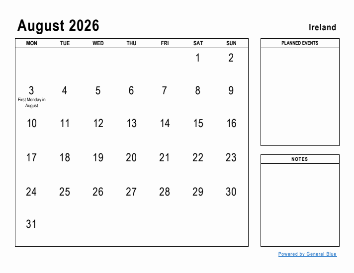 August 2026 Printable Monthly Calendar with Ireland Holidays