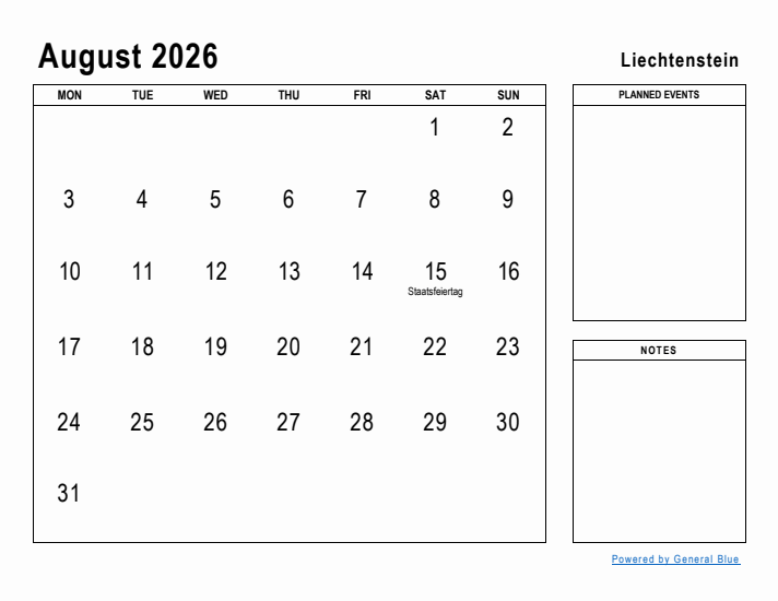 August 2026 Printable Monthly Calendar with Liechtenstein Holidays