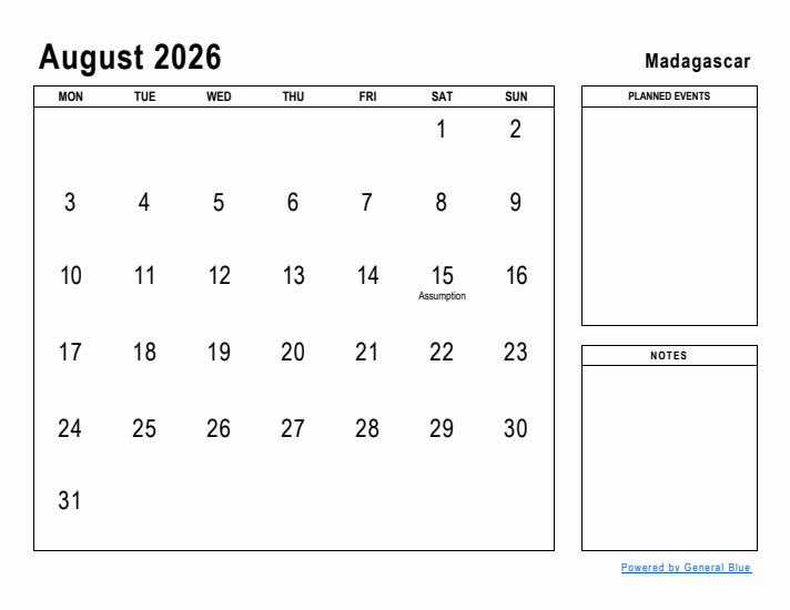 August 2026 Printable Monthly Calendar with Madagascar Holidays