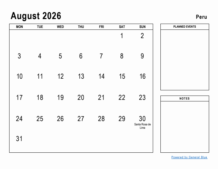 August 2026 Printable Monthly Calendar with Peru Holidays