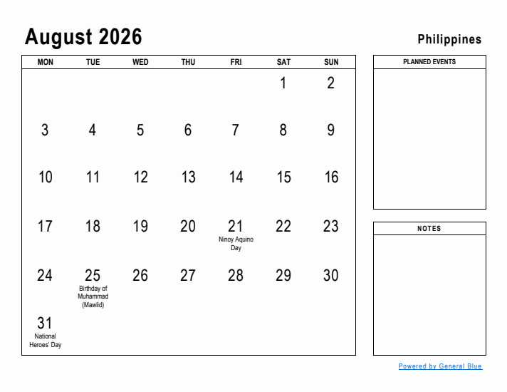 August 2026 Printable Monthly Calendar with Philippines Holidays