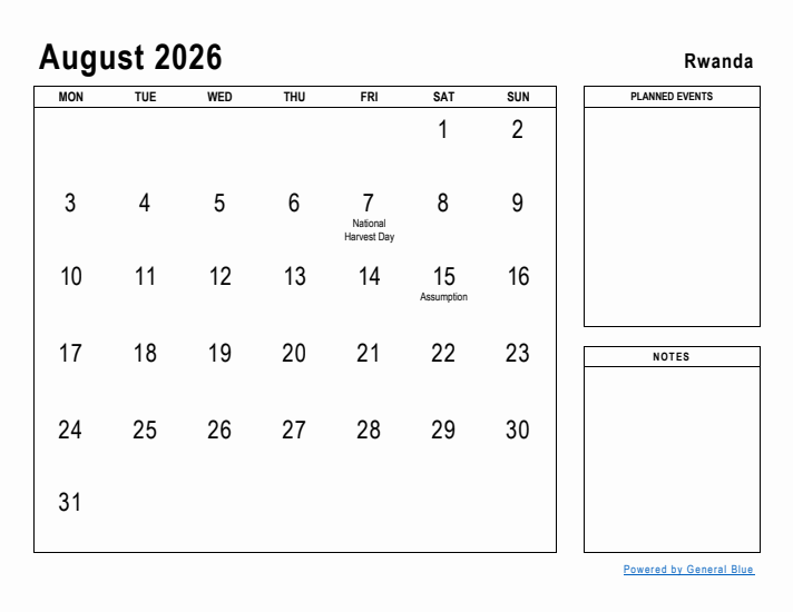 August 2026 Printable Monthly Calendar with Rwanda Holidays