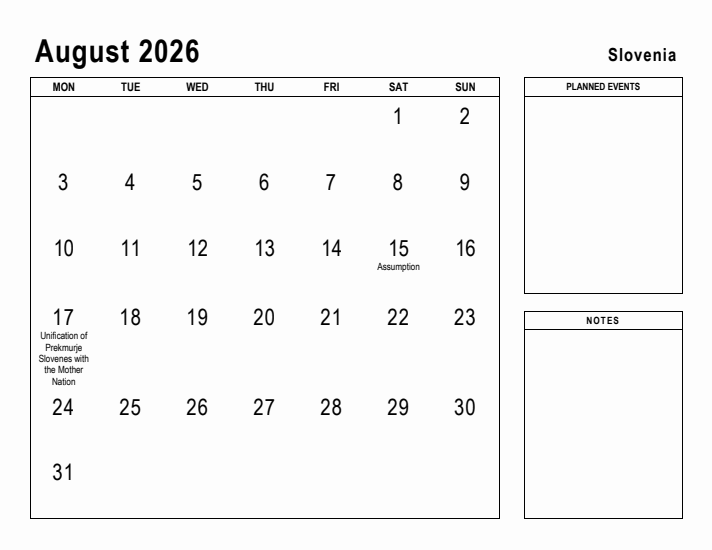 August 2026 Printable Monthly Calendar with Slovenia Holidays