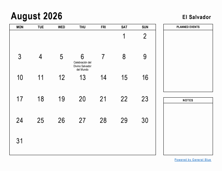 August 2026 Printable Monthly Calendar with El Salvador Holidays