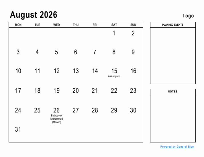 August 2026 Printable Monthly Calendar with Togo Holidays