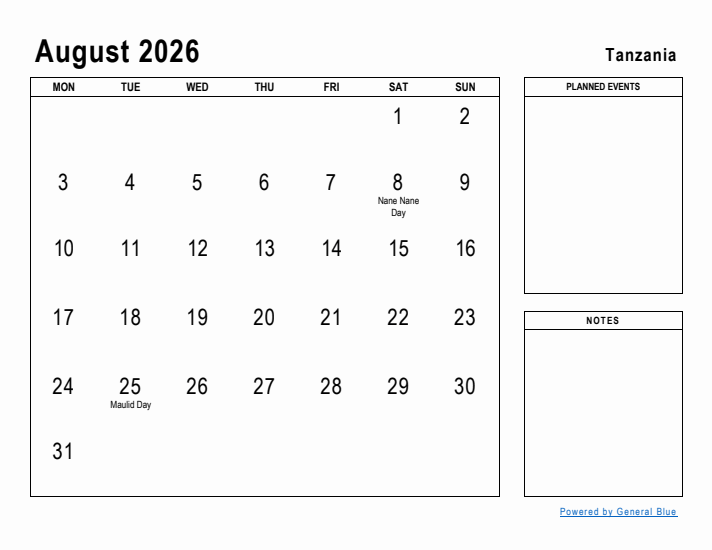 August 2026 Printable Monthly Calendar with Tanzania Holidays