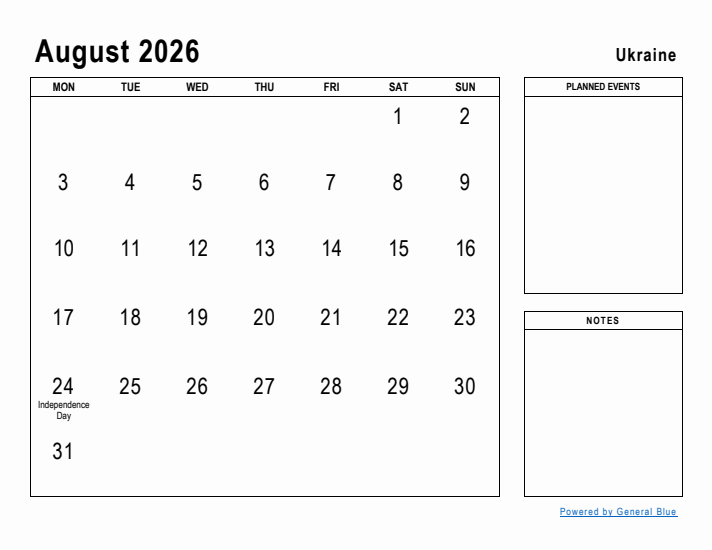 August 2026 Printable Monthly Calendar with Ukraine Holidays