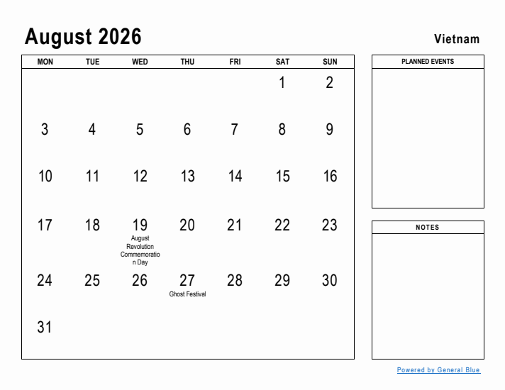 August 2026 Printable Monthly Calendar with Vietnam Holidays