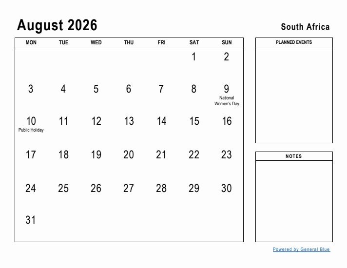 August 2026 Printable Monthly Calendar with South Africa Holidays