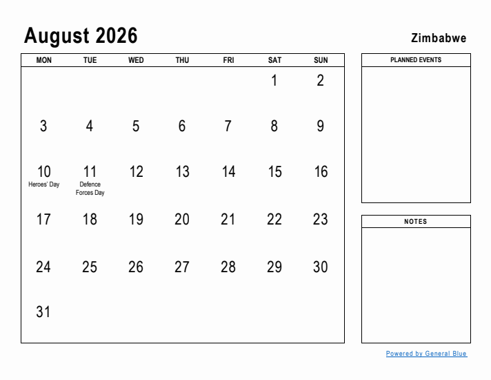 August 2026 Printable Monthly Calendar with Zimbabwe Holidays