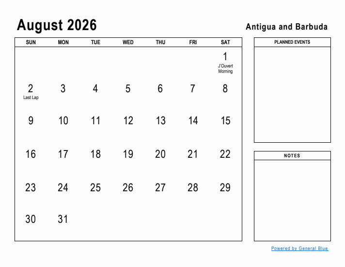 August 2026 Printable Monthly Calendar with Antigua and Barbuda Holidays