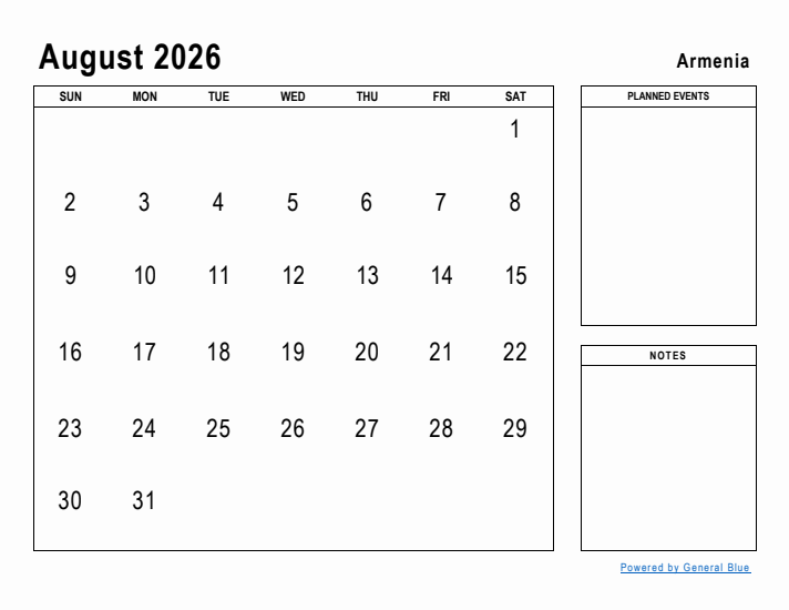 August 2026 Printable Monthly Calendar with Armenia Holidays