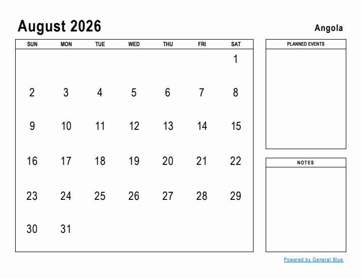 August 2026 Printable Monthly Calendar with Angola Holidays