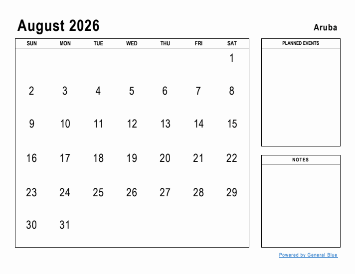 August 2026 Printable Monthly Calendar with Aruba Holidays