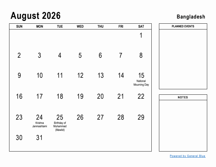 August 2026 Printable Monthly Calendar with Bangladesh Holidays