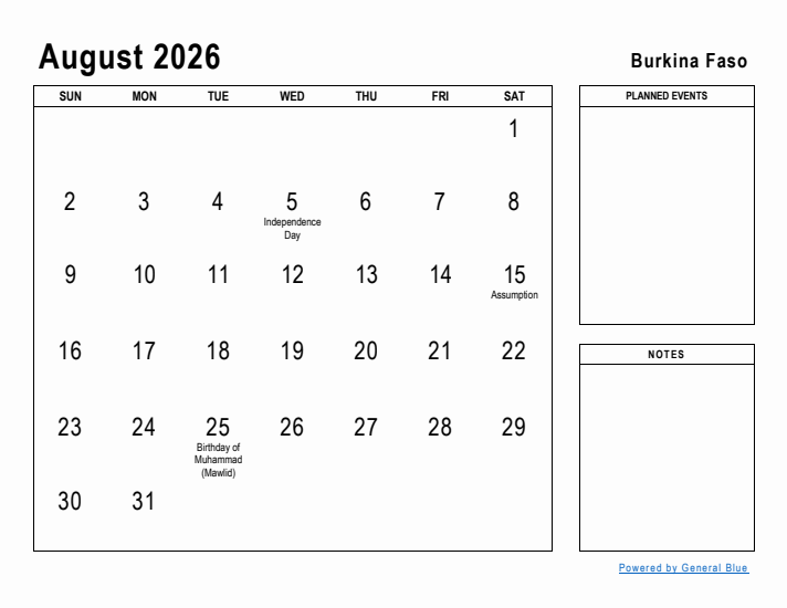 August 2026 Printable Monthly Calendar with Burkina Faso Holidays