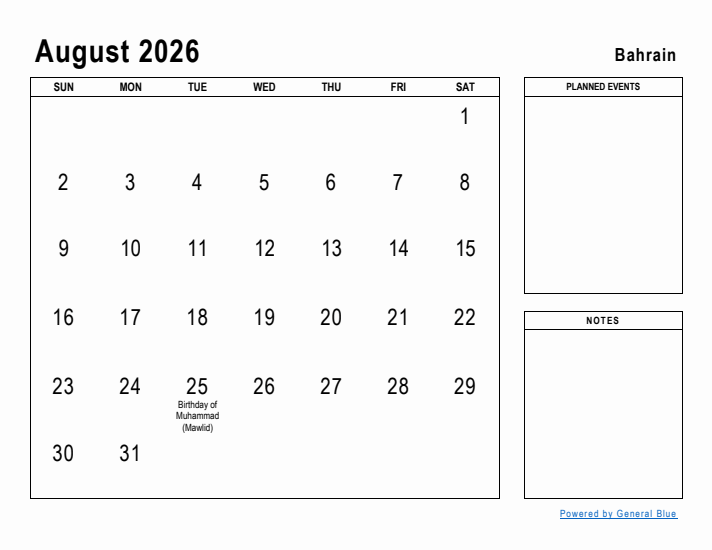 August 2026 Printable Monthly Calendar with Bahrain Holidays