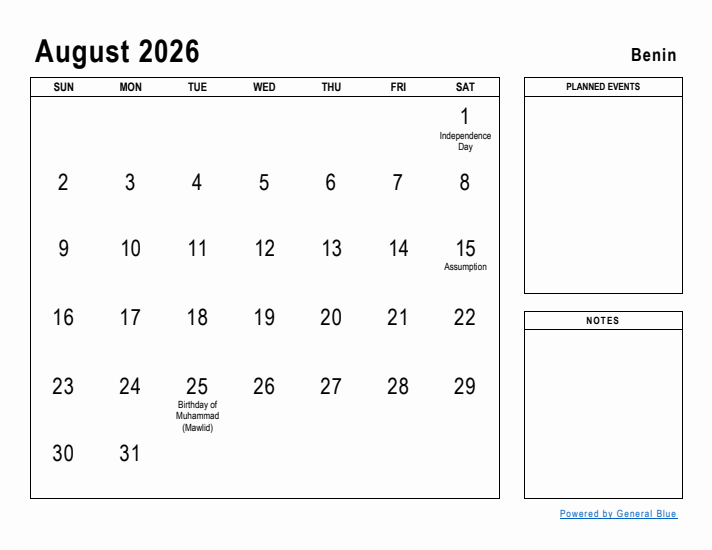 August 2026 Printable Monthly Calendar with Benin Holidays