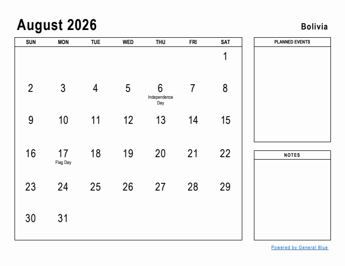 August 2026 Printable Monthly Calendar with Bolivia Holidays