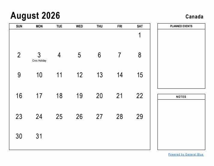 August 2026 Printable Monthly Calendar with Canada Holidays